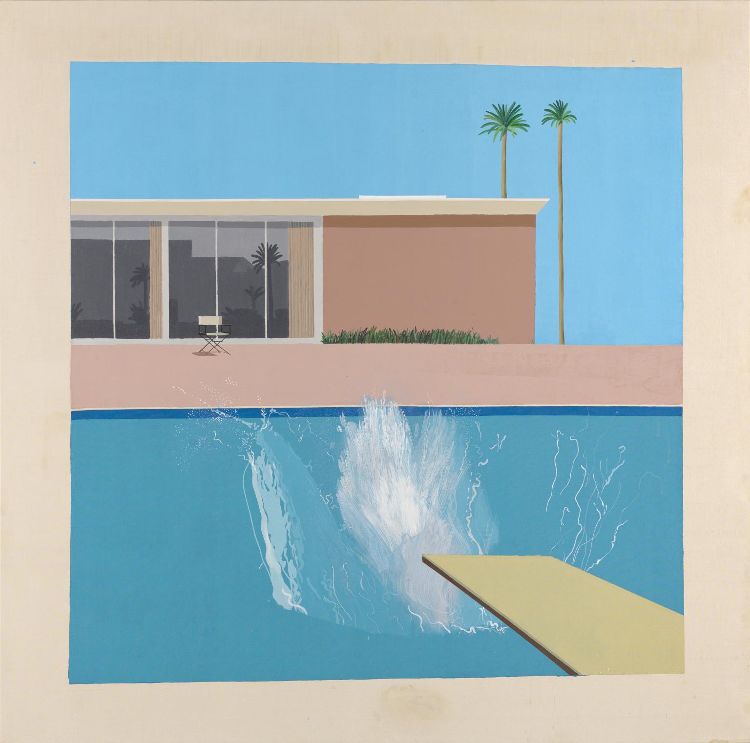 David Hockney, A Bigger Splash, 1967: a square acrylic painting of a blue swimming pool, a modern house, a diving board, and a white splash where an unseen diver has entered the water.