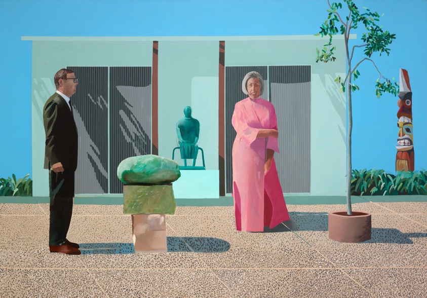 David Hockney, American Collectors (Fred and Marcia Weisman), 1968: Fred and Marcia Weisman stand apart in a sculpture garden, surrounded by modern art, bright light, and flat Los Angeles colour.