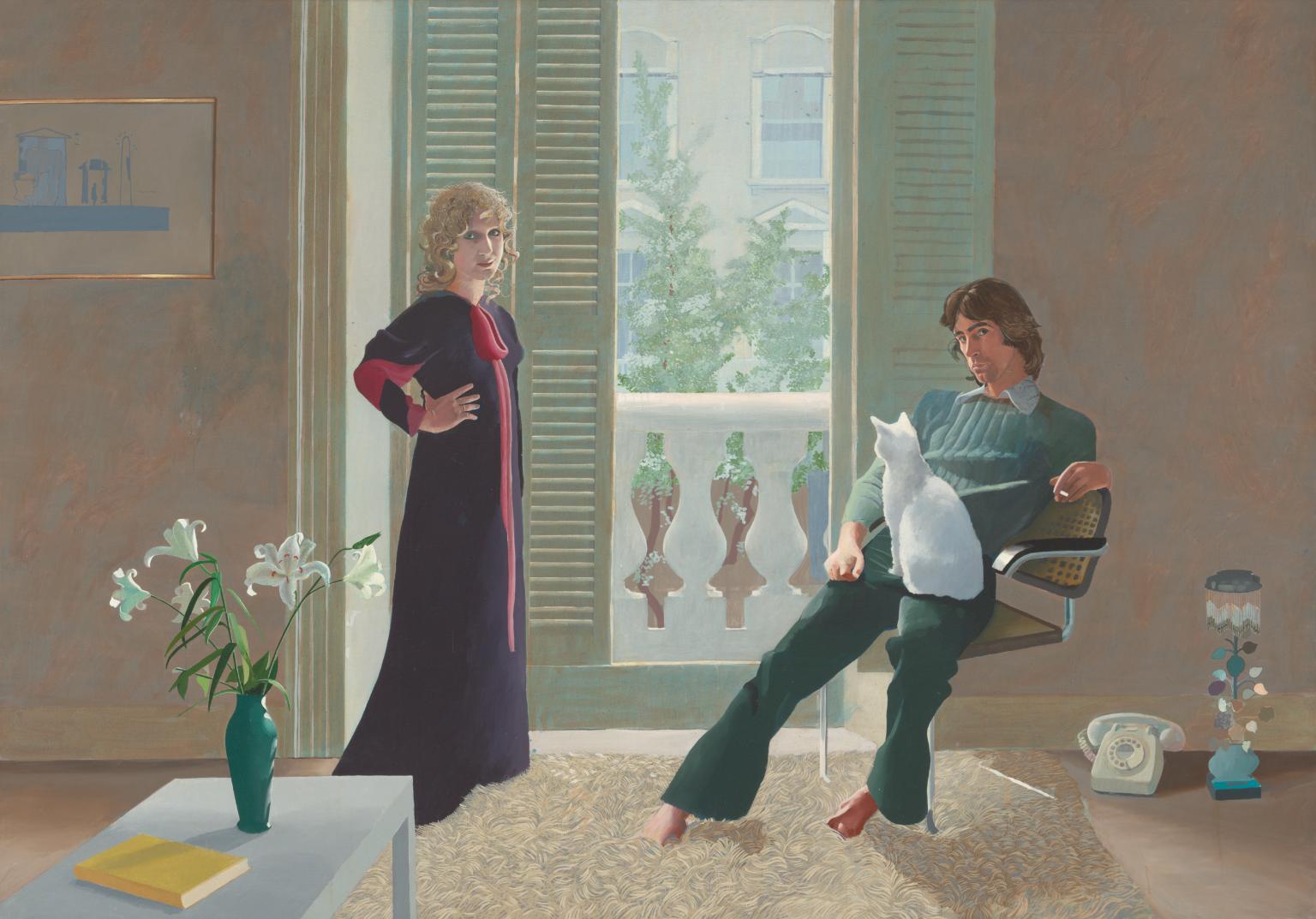 David Hockney, Mr and Mrs Clark and Percy, 1970-71: a wide double portrait of Celia Birtwell standing at left and Ossie Clark seated at right, divided by a bright window, with a white cat on Clark's lap.