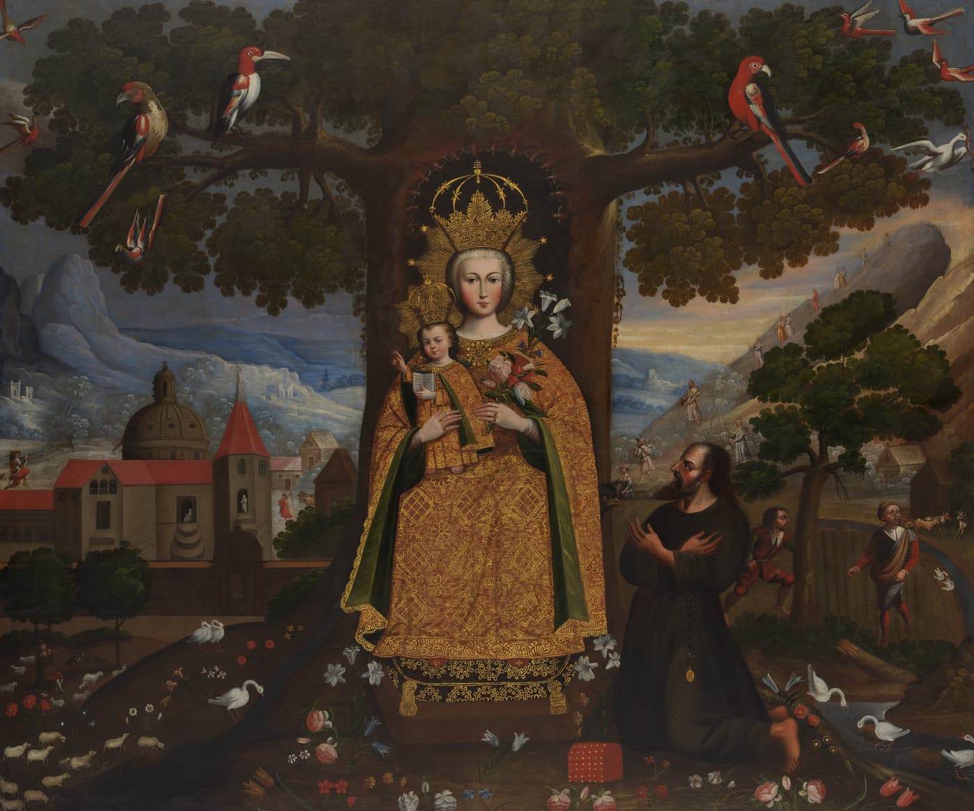 Our Lady of Valvanera, Cuzco School, c. 1770–80 — the crowned Virgin and Child seated frontally at the centre, their robes covered in tooled gold leaf, surrounded by a gnarled oak, a small white monastery, birds and flowers.