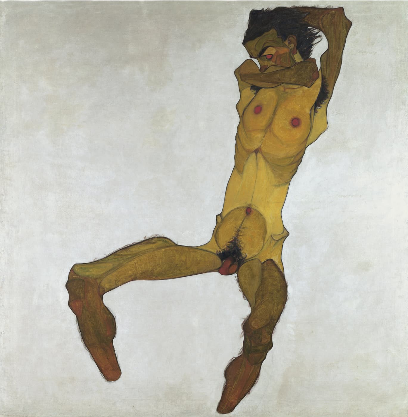 Seated Male Nude (Self-Portrait) by Egon Schiele, 1910 — a naked man with yellow-green flesh hangs in an empty white space, one arm raised over his head, his hands and feet fading into dark stumps, with the eyes, nipples, navel and genitals marked in red.