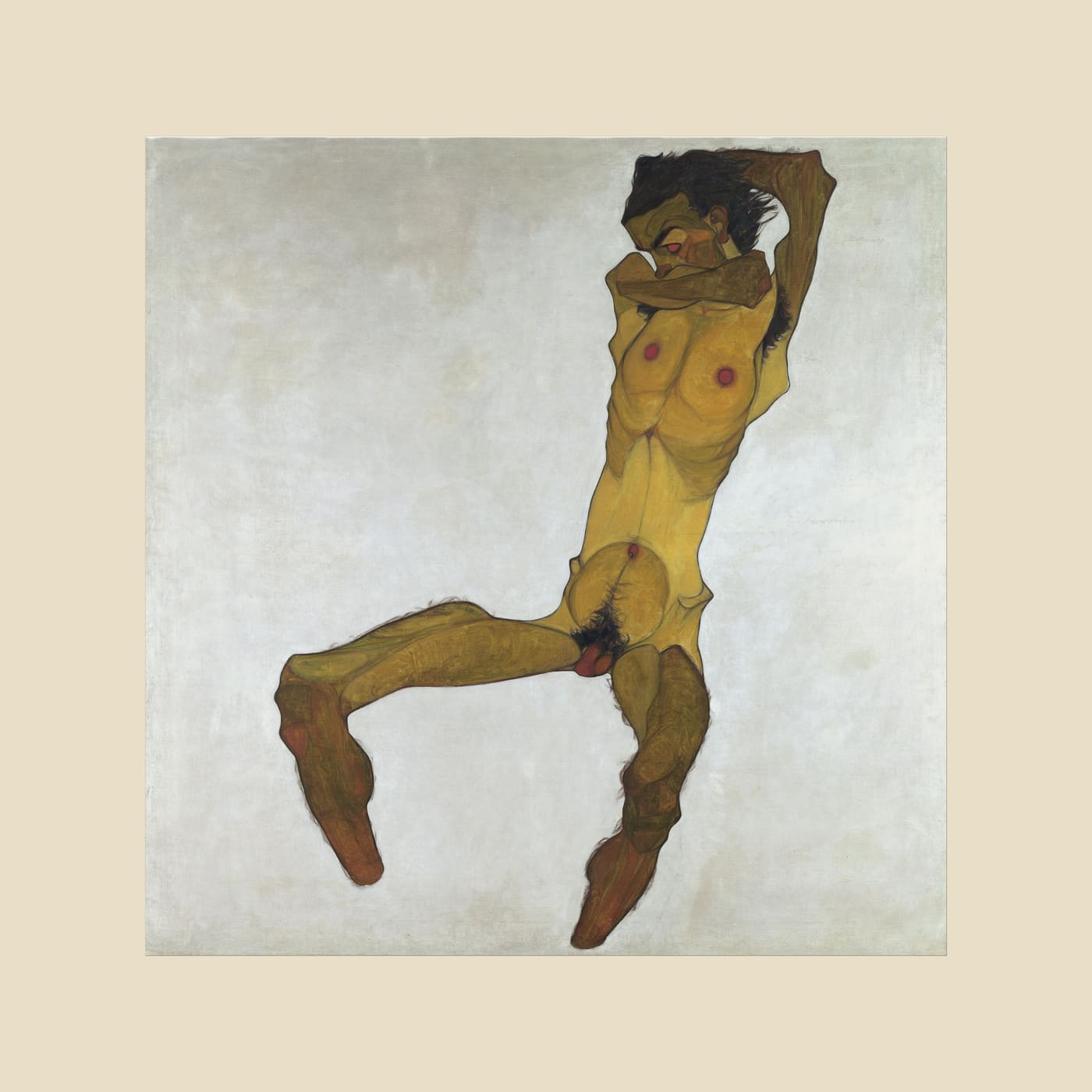 Seated Male Nude (Self-Portrait), beige border