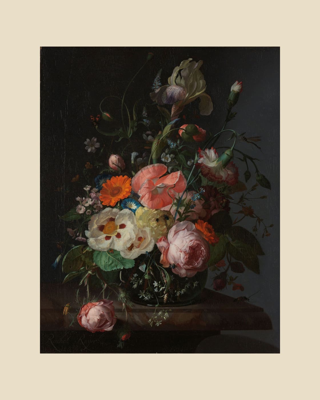 Still Life with Flowers on a Marble Tabletop, beige border